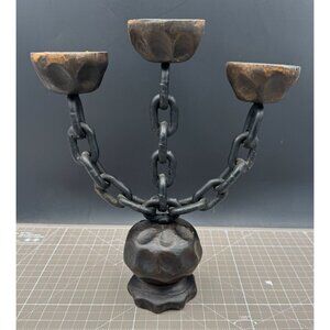 Brutalist Gothic Iron Chain Wood Candelabra Medieval Style Candlestick Holder Ma